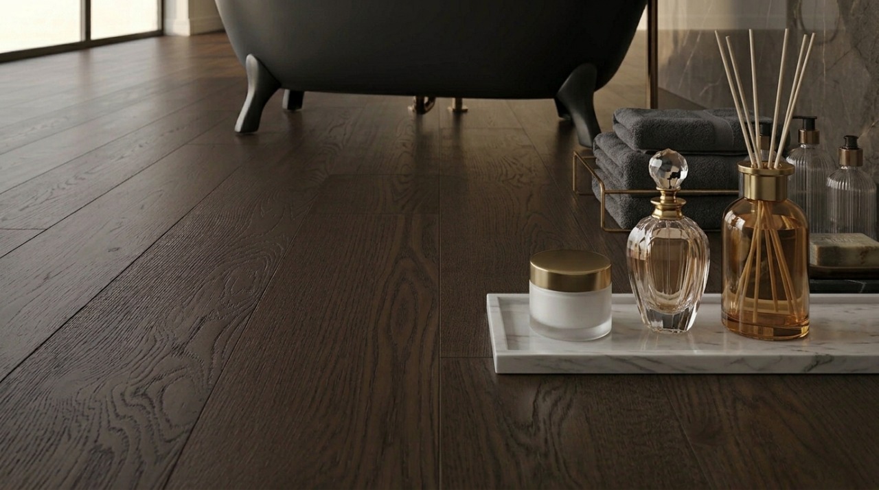 Коричневый кварцпаркет в палубной укладке рядом с интерьерным столиком